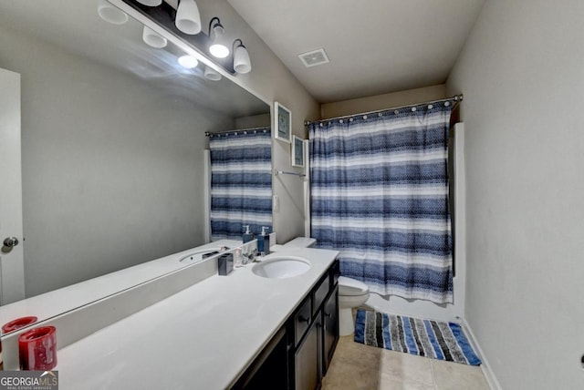 full bathroom featuring toilet, vanity, shower / bathtub combination with curtain, and tile patterned flooring