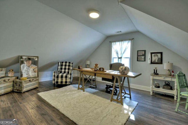 office area with lofted ceiling and dark wood-type flooring