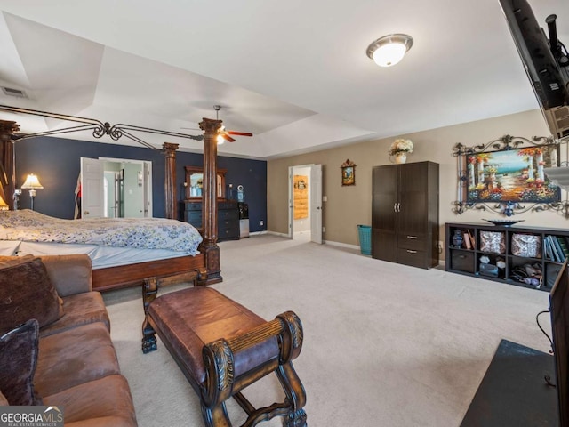 carpeted bedroom with a raised ceiling