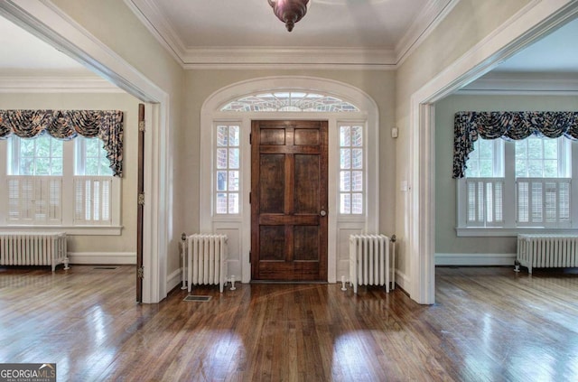 foyer with dark hardwood / wood-style floors and radiator