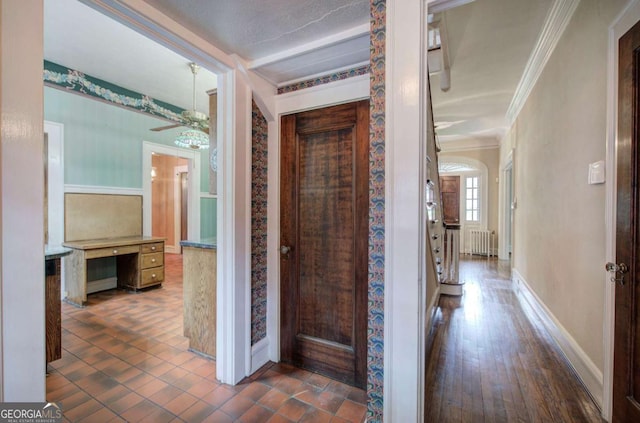 corridor featuring crown molding, radiator, and dark wood-type flooring