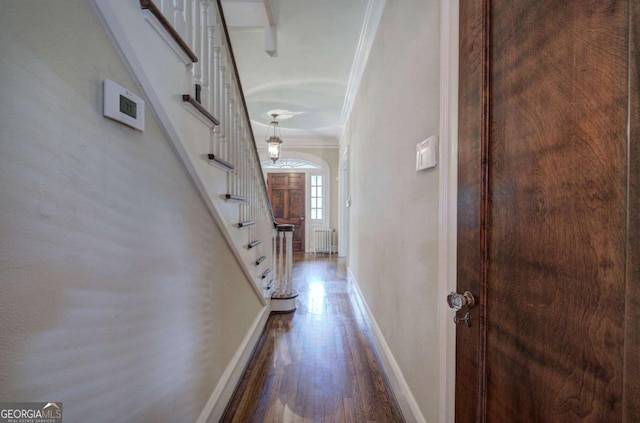 corridor featuring ornamental molding and dark hardwood / wood-style floors