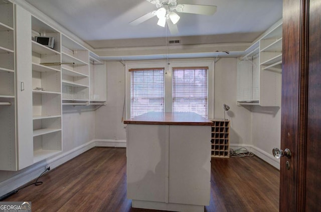 walk in closet featuring ceiling fan and dark hardwood / wood-style flooring