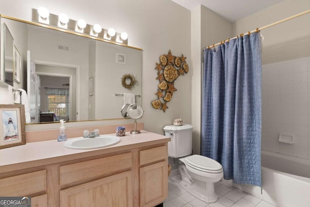 full bathroom with toilet, vanity, shower / bathtub combination with curtain, and tile patterned flooring