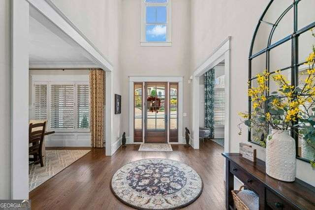 foyer entrance featuring dark hardwood / wood-style floors and a high ceiling