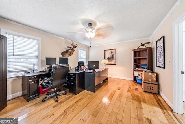 home office featuring crown molding, ceiling fan, a textured ceiling, and light hardwood / wood-style floors