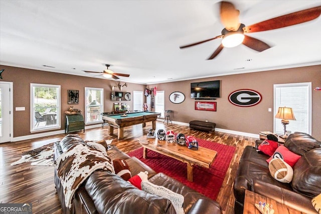 living room featuring crown molding, billiards, ceiling fan, and hardwood / wood-style flooring