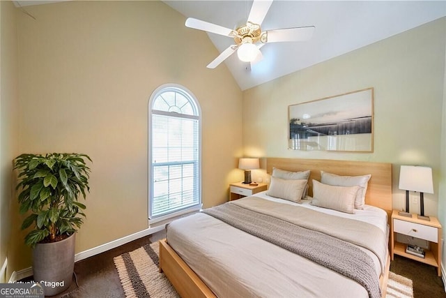 bedroom featuring high vaulted ceiling and ceiling fan