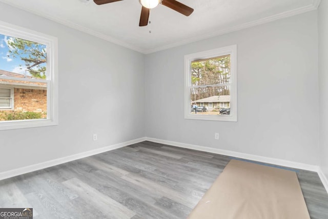 spare room with ornamental molding, dark hardwood / wood-style floors, and ceiling fan