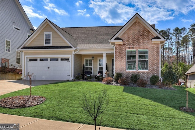 view of front facade featuring brick siding, concrete driveway, covered porch, a front yard, and a garage