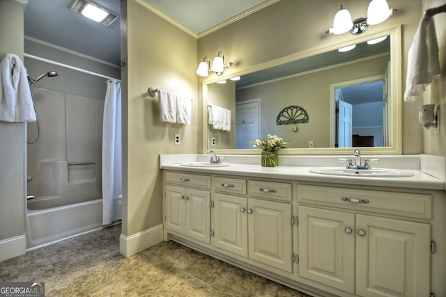 bathroom with ornamental molding, shower / tub combo, and vanity