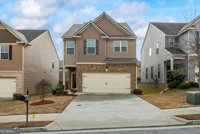 view of front facade with concrete driveway, brick siding, and an attached garage