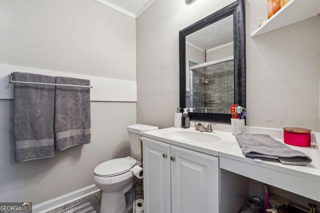 bathroom featuring toilet, an enclosed shower, ornamental molding, vanity, and hardwood / wood-style floors