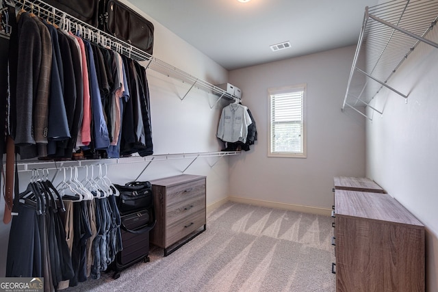 spacious closet featuring light colored carpet