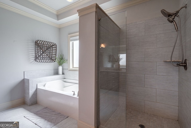 bathroom featuring independent shower and bath, crown molding, and tile patterned floors