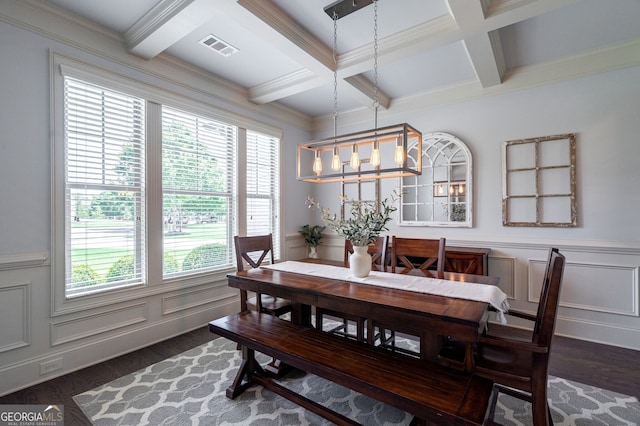 dining area featuring coffered ceiling, beam ceiling, dark wood-type flooring, and crown molding