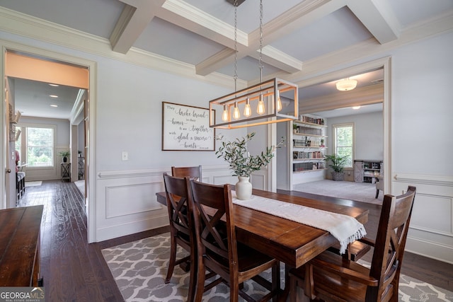 dining space with coffered ceiling, beam ceiling, dark hardwood / wood-style flooring, and crown molding