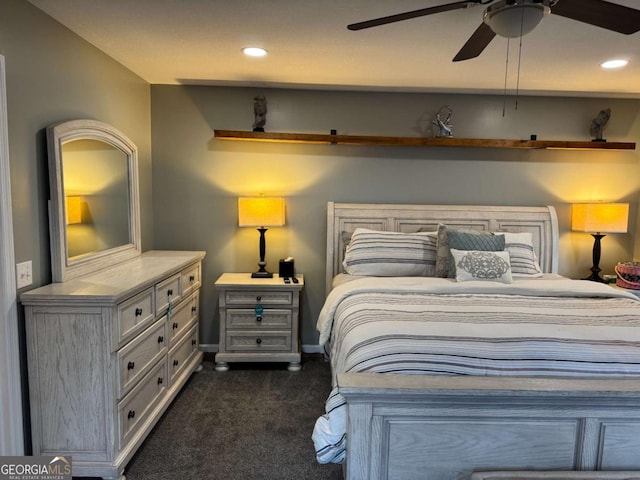 carpeted bedroom with ceiling fan