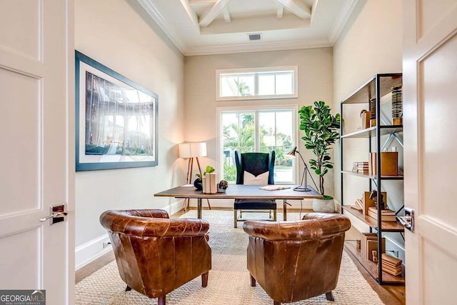 home office with crown molding, visible vents, coffered ceiling, beamed ceiling, and baseboards