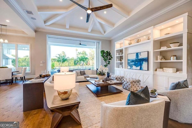 living area with dark wood-style flooring, beam ceiling, visible vents, coffered ceiling, and ceiling fan with notable chandelier