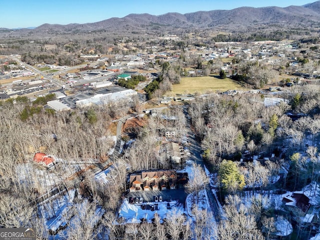 drone / aerial view featuring a mountain view