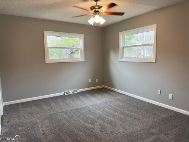 empty room with plenty of natural light, dark carpet, and a textured ceiling