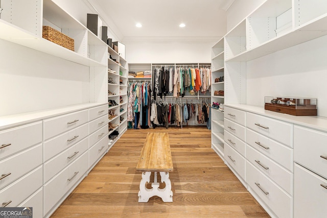 walk in closet with light hardwood / wood-style floors