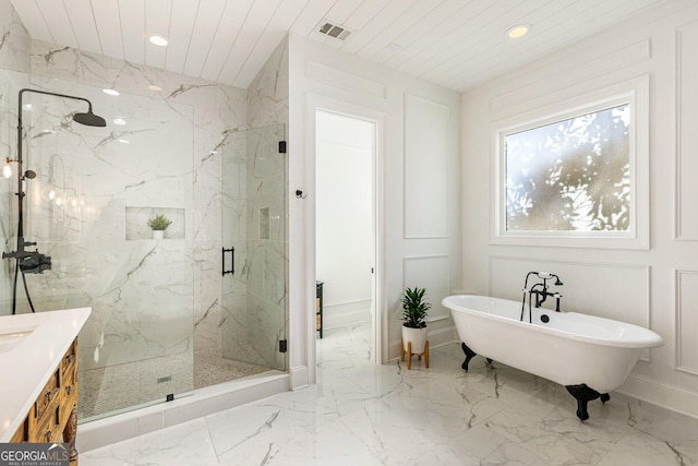 bathroom with vanity, wood ceiling, and shower with separate bathtub