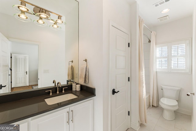 full bathroom featuring vanity, shower / tub combo with curtain, and toilet