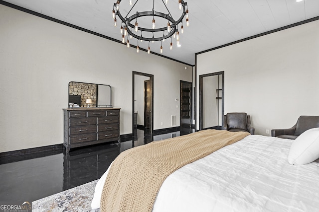 bedroom featuring ornamental molding and a notable chandelier