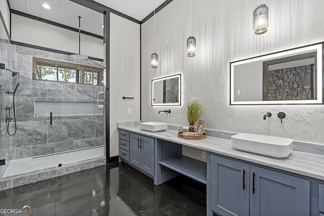 bathroom featuring vanity and walk in shower