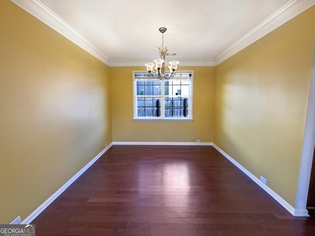 unfurnished dining area with a notable chandelier, dark wood-type flooring, and ornamental molding