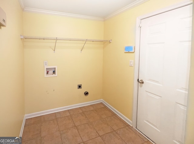 clothes washing area featuring hookup for a washing machine, ornamental molding, and hookup for an electric dryer