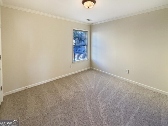 spare room featuring crown molding and carpet floors