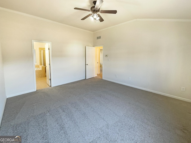 unfurnished bedroom featuring lofted ceiling, ceiling fan, crown molding, light carpet, and ensuite bath