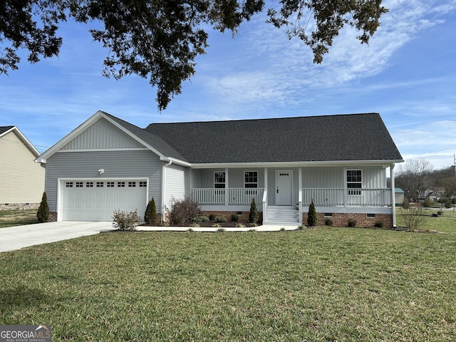 ranch-style house with a porch, a garage, and a front yard