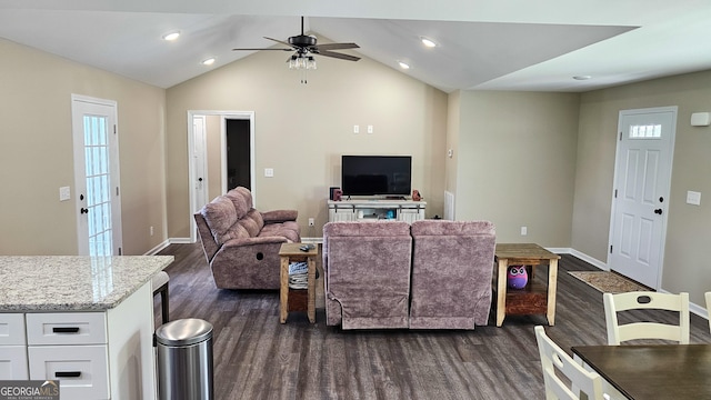 214 Harris St, Chatsworth, GA 30705 - living room featuring dark wood finished floors, baseboards, vaulted ceiling, and ceiling fan