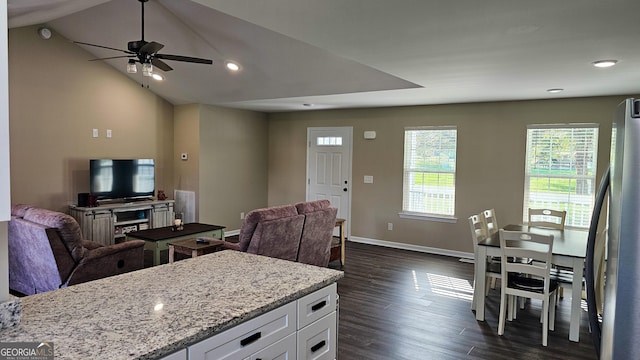 214 Harris St, Chatsworth, GA 30705 - kitchen with open floor plan, a ceiling fan, dark wood-type flooring, and white cabinets
