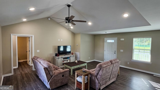 214 Harris St, Chatsworth, GA 30705 - living area featuring vaulted ceiling, dark wood-type flooring, baseboards, visible vents, and ceiling fan