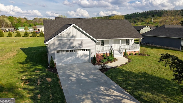214 Harris St, Chatsworth, GA 30705 - view of front facade with an attached garage, concrete driveway, a front lawn, roof with shingles, and covered porch