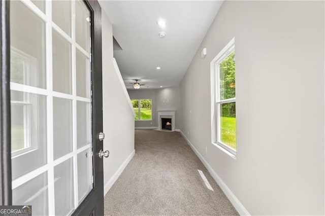 hall featuring light colored carpet and a healthy amount of sunlight