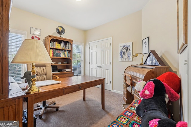 home office with light colored carpet, plenty of natural light, and baseboards