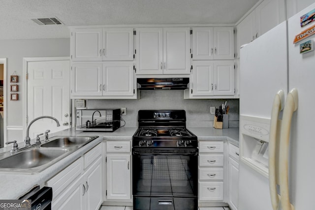 kitchen with sink, white cabinetry, white refrigerator with ice dispenser, black gas stove, and range hood