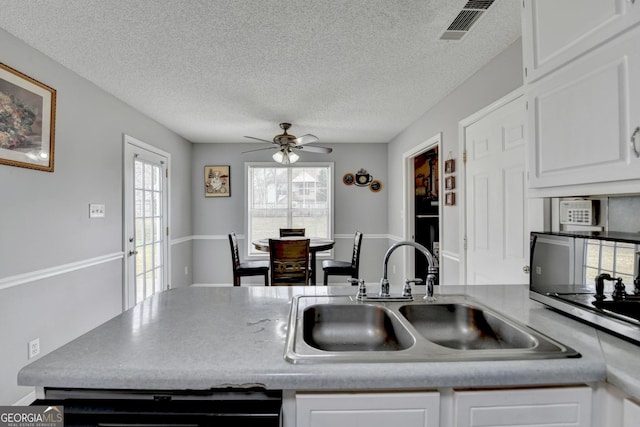 kitchen with sink, a textured ceiling, white cabinets, and ceiling fan