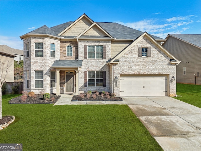 view of front of property with brick siding, concrete driveway, and a front lawn