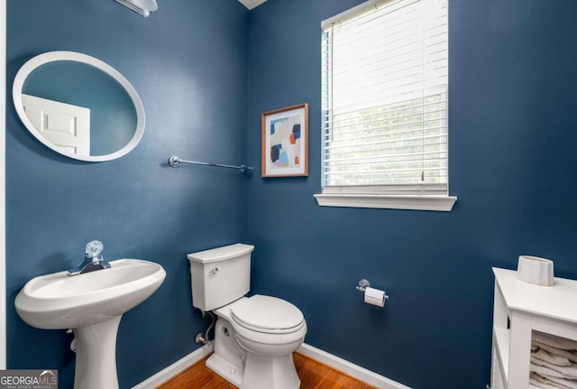 bathroom with hardwood / wood-style flooring and toilet