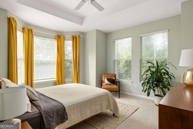 bedroom with a raised ceiling, carpet floors, and ceiling fan