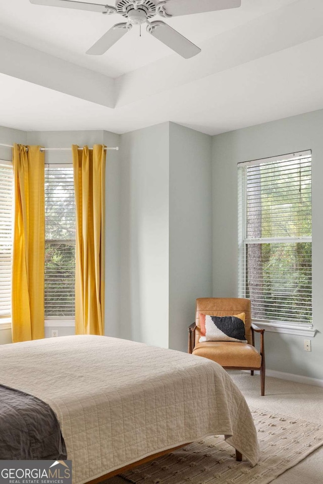 carpeted bedroom featuring ceiling fan and a tray ceiling