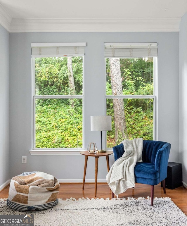 sitting room with crown molding, plenty of natural light, and wood-type flooring