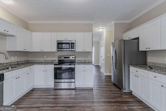 kitchen featuring sink, ornamental molding, dark hardwood / wood-style floors, stainless steel appliances, and white cabinets